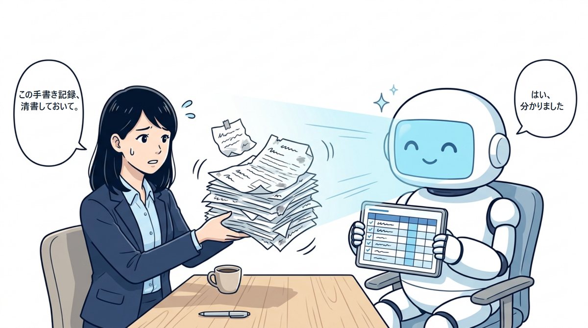 手書き記録をAIが読み取って清書するイラスト