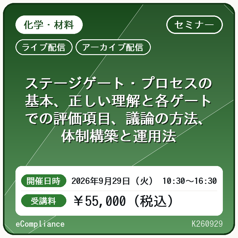 (9/29)ステージゲート・プロセスの基本、正しい理解と各ゲートでの評価項目、議論の方法、体制構築と運用法